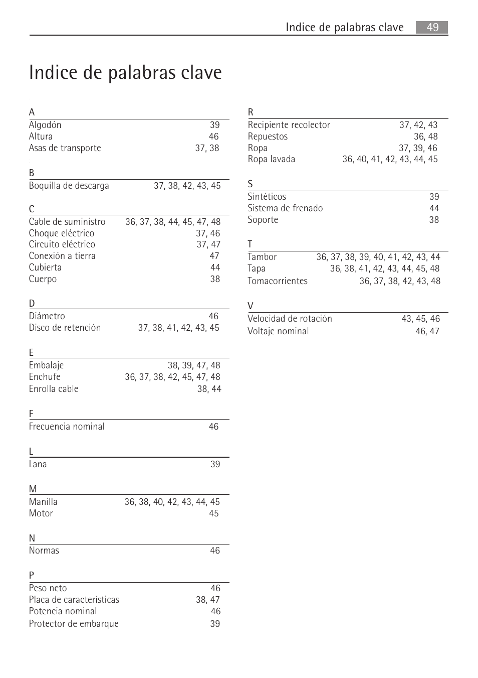 Indice de palabras clave | AEG SV5028 User Manual | Page 49 / 98