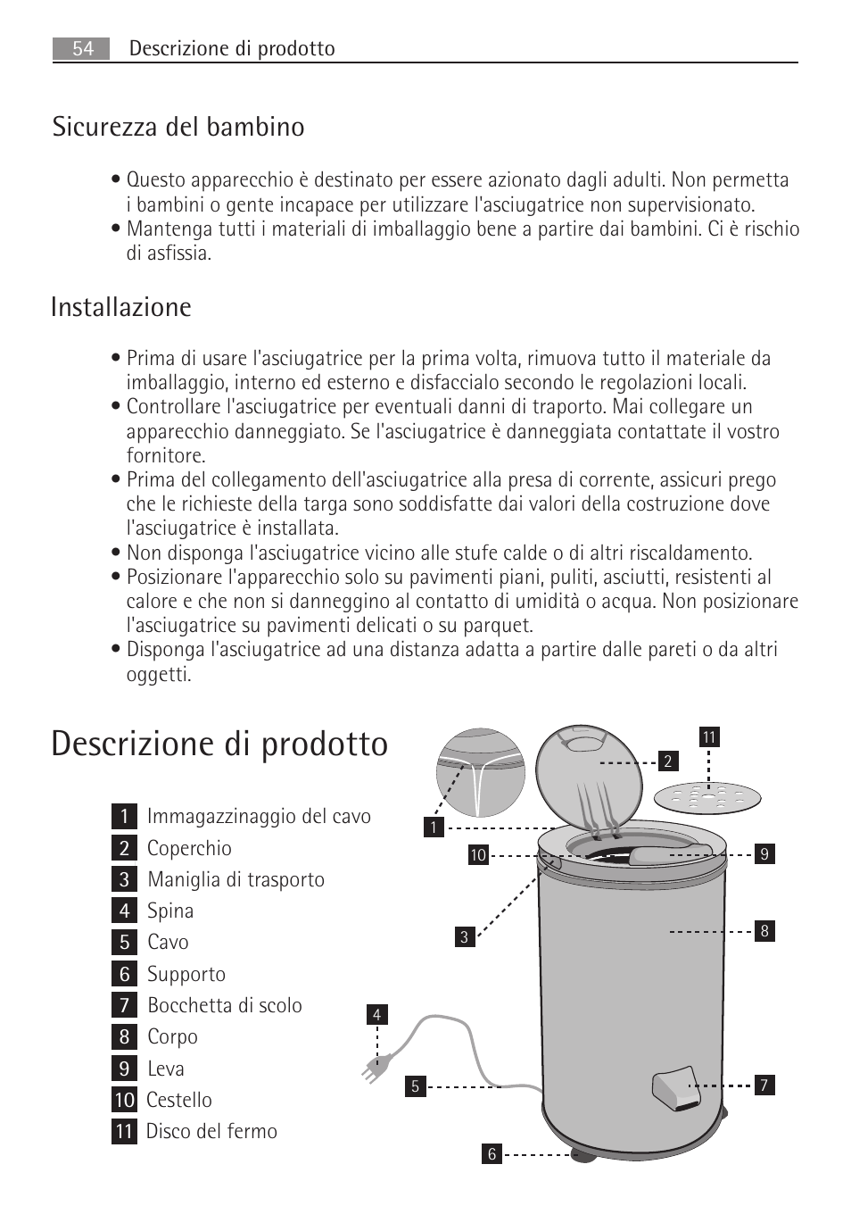 Descrizione di prodotto, Sicurezza del bambino, Installazione | AEG SV5028 User Manual | Page 54 / 98