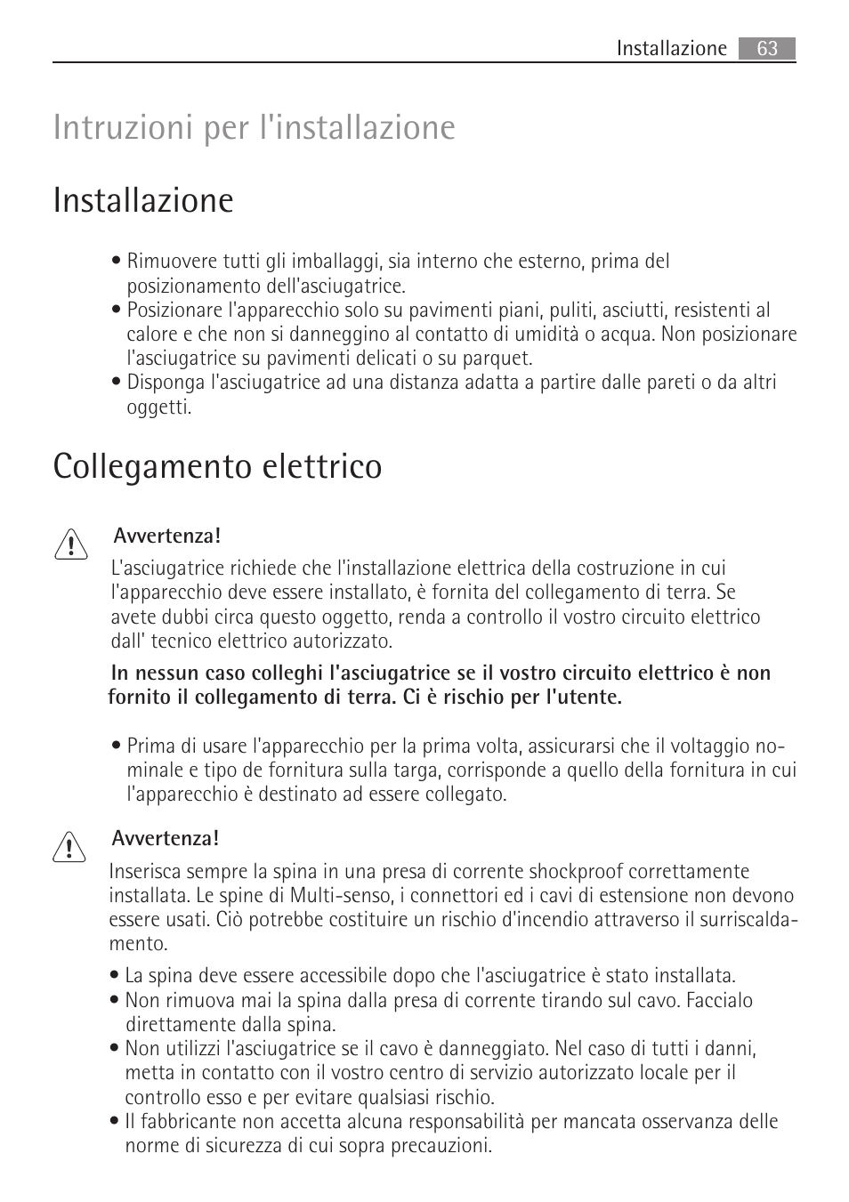 Intruzioni per l'installazione installazione, Collegamento elettrico | AEG SV5028 User Manual | Page 63 / 98