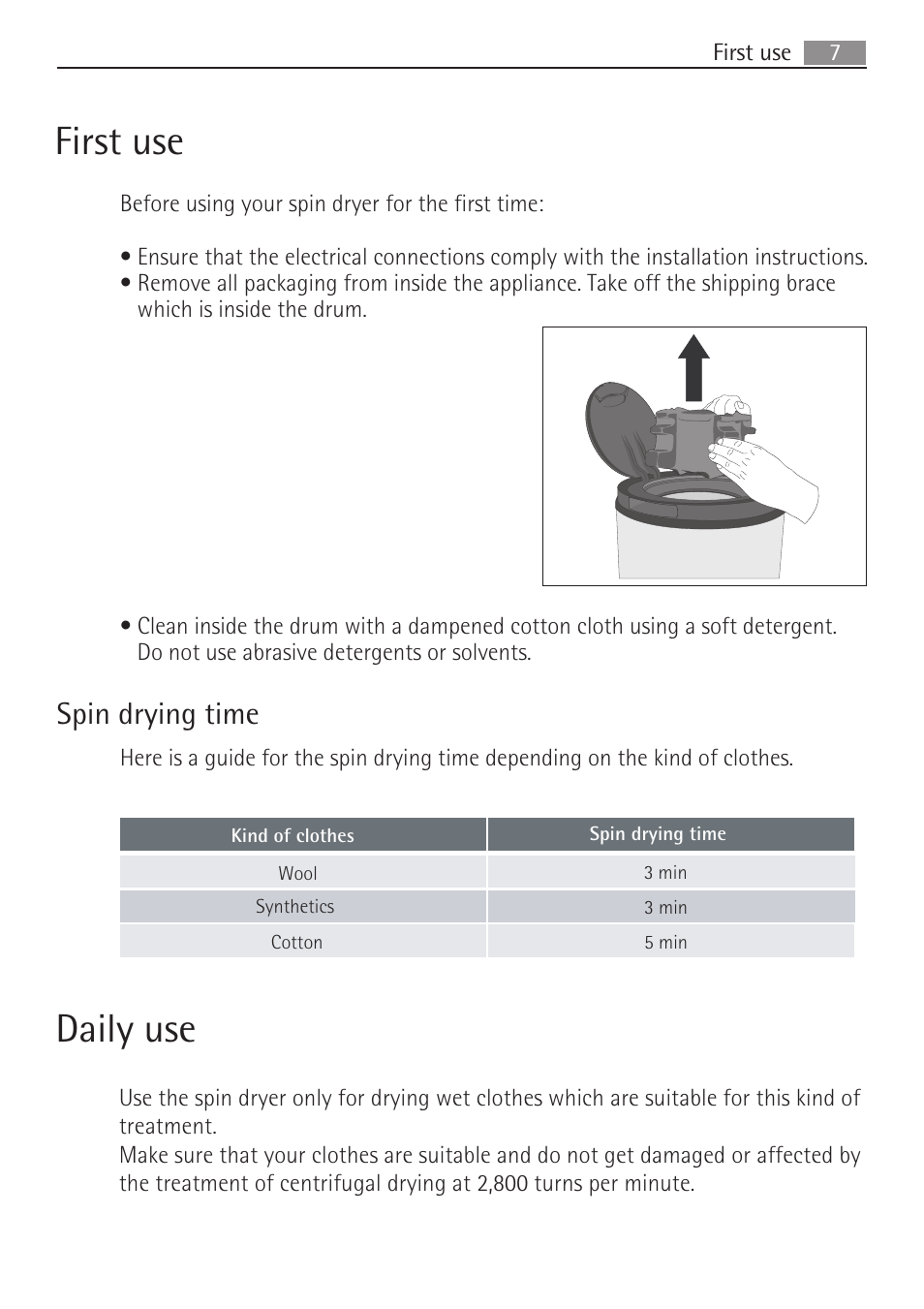 First use, Daily use, Spin drying time | AEG SV5028 User Manual | Page 7 / 98