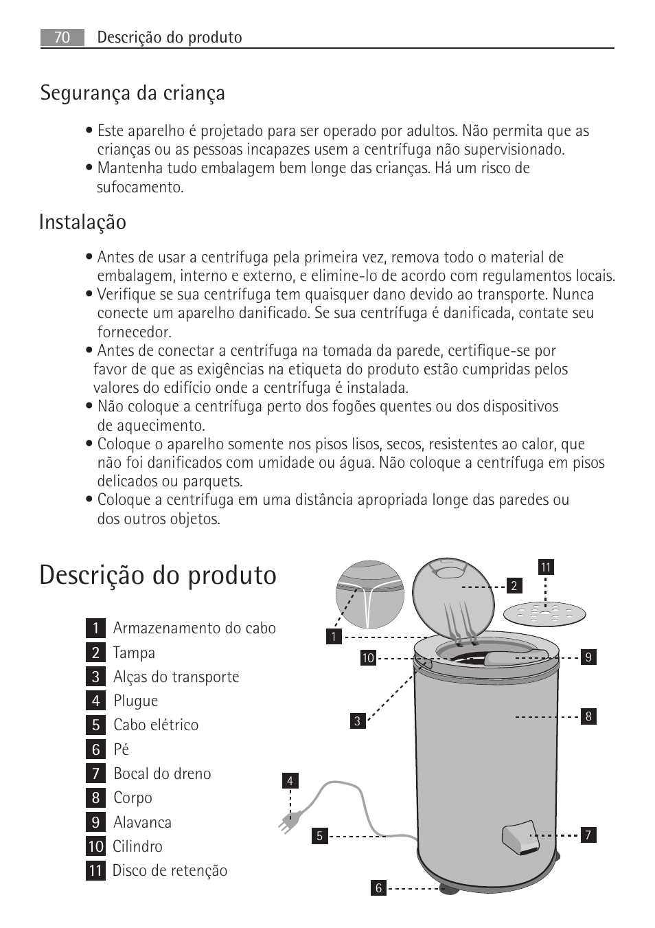 Descrição do produto, Segurança da criança, Instalação | AEG SV5028 User Manual | Page 70 / 98