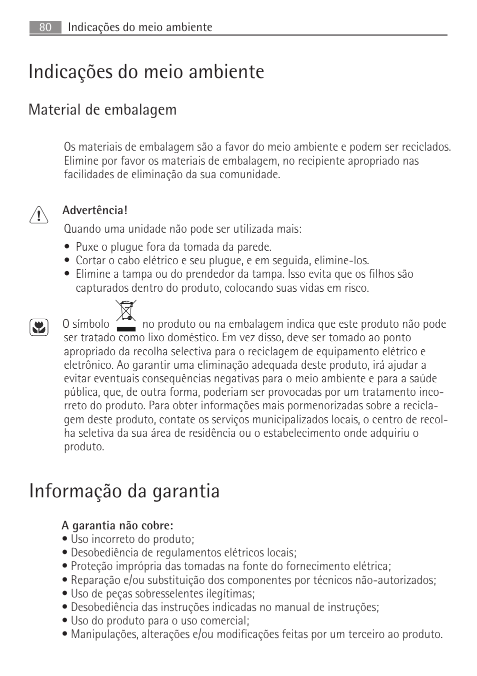 Informação da garantia, Indicações do meio ambiente, Material de embalagem | AEG SV5028 User Manual | Page 80 / 98