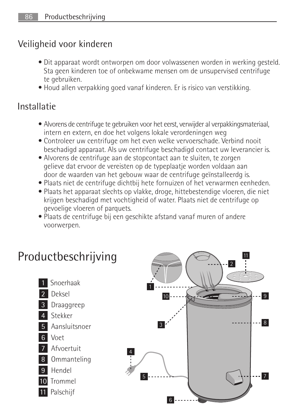 Productbeschrijving, Veiligheid voor kinderen, Installatie | AEG SV5028 User Manual | Page 86 / 98