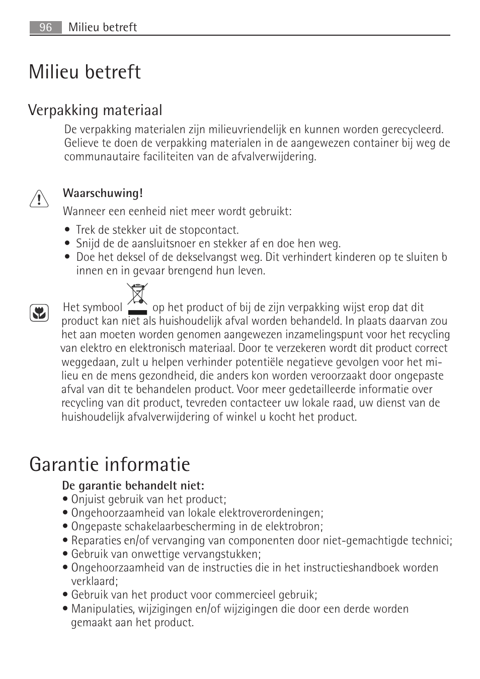 Garantie informatie, Milieu betreft | AEG SV5028 User Manual | Page 96 / 98