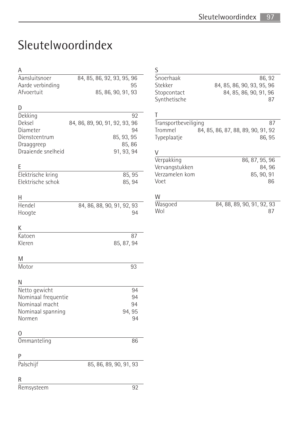 Sleutelwoordindex | AEG SV5028 User Manual | Page 97 / 98