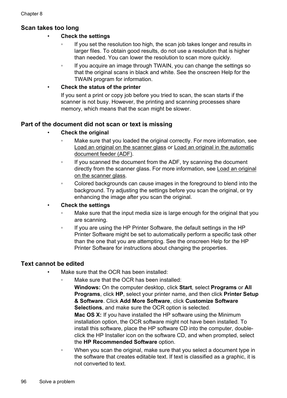 Scan takes too long, Text cannot be edited | HP Officejet 6600 e-All-in-One Printer - H711a H711g User Manual | Page 100 / 216