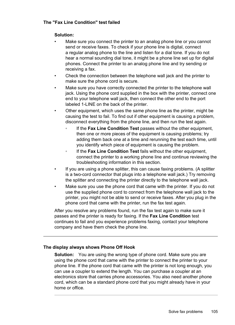 The display always shows phone off hook, The "fax line condition" test failed | HP Officejet 6600 e-All-in-One Printer - H711a H711g User Manual | Page 109 / 216