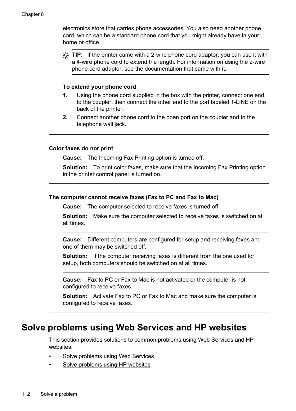 Solve problems using web services and hp websites, Color faxes do not print | HP Officejet 6600 e-All-in-One Printer - H711a H711g User Manual | Page 116 / 216