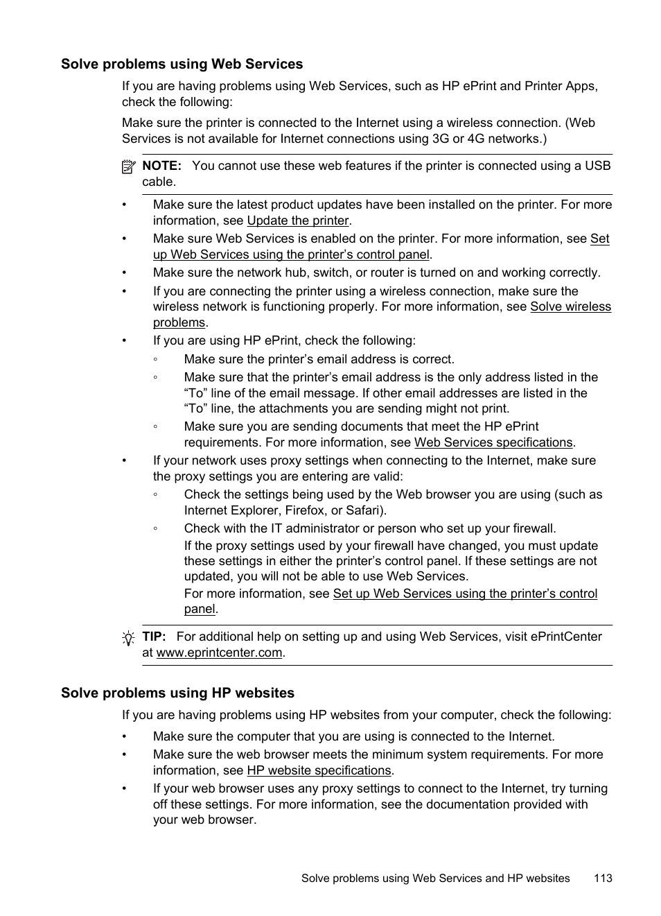 Solve problems using web services, Solve problems using hp websites | HP Officejet 6600 e-All-in-One Printer - H711a H711g User Manual | Page 117 / 216