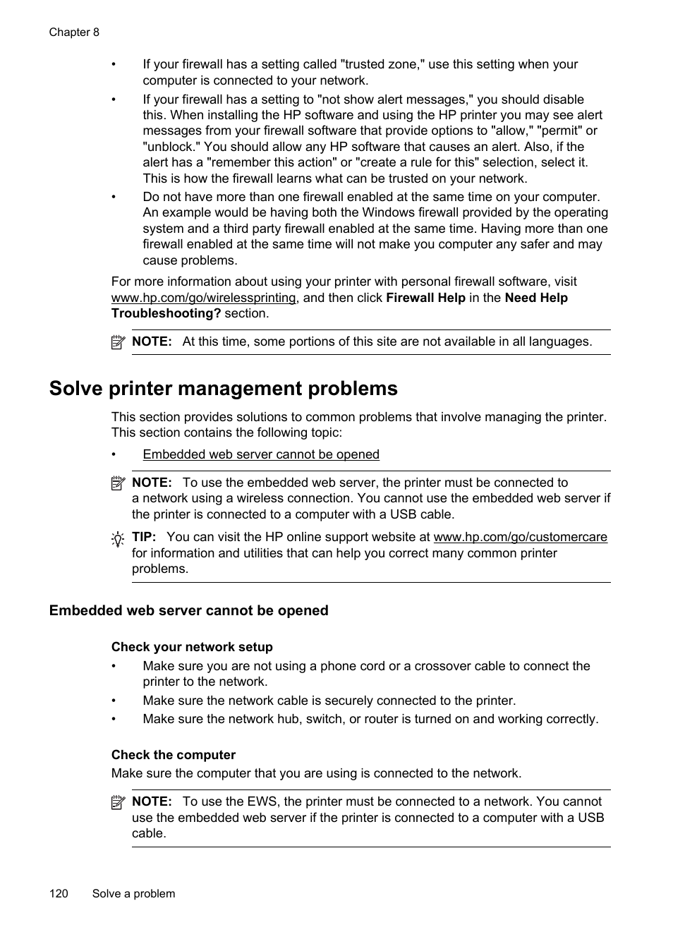 Solve printer management problems, Embedded web server cannot be opened | HP Officejet 6600 e-All-in-One Printer - H711a H711g User Manual | Page 124 / 216