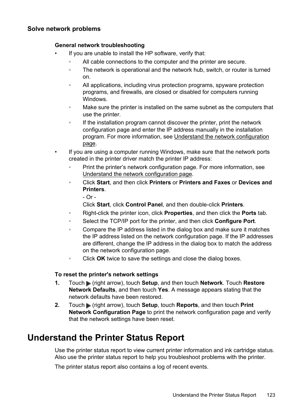 Solve network problems, Understand the printer status report, See understand the printer status report | HP Officejet 6600 e-All-in-One Printer - H711a H711g User Manual | Page 127 / 216