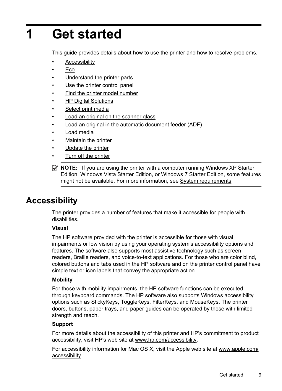 Get started, Accessibility, 1get started | HP Officejet 6600 e-All-in-One Printer - H711a H711g User Manual | Page 13 / 216