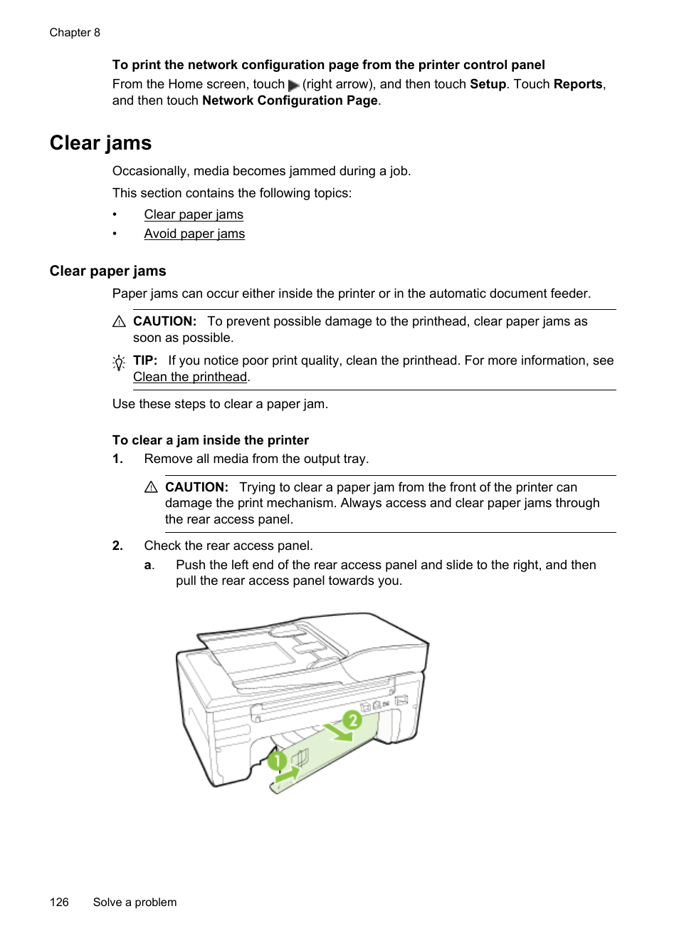 Clear jams, Clear paper jams, Clear paper jams avoid paper jams | HP Officejet 6600 e-All-in-One Printer - H711a H711g User Manual | Page 130 / 216