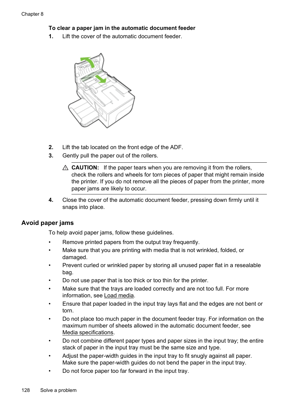 Avoid paper jams | HP Officejet 6600 e-All-in-One Printer - H711a H711g User Manual | Page 132 / 216