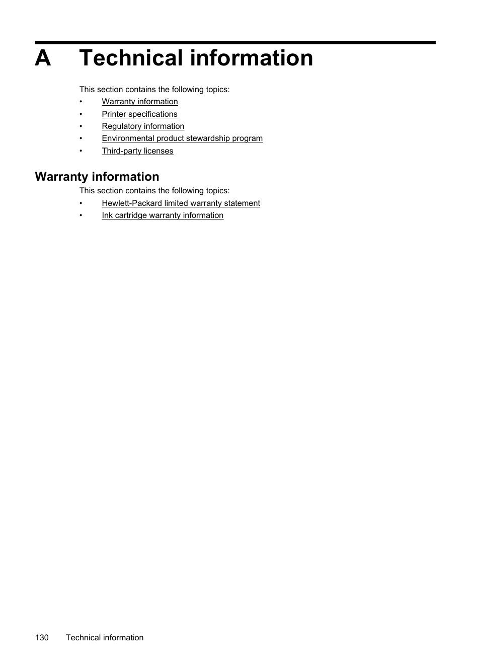 Technical information, Warranty information, Hewlett-packard limited warranty statement | Nk cartridge warranty information, Atechnical information | HP Officejet 6600 e-All-in-One Printer - H711a H711g User Manual | Page 134 / 216