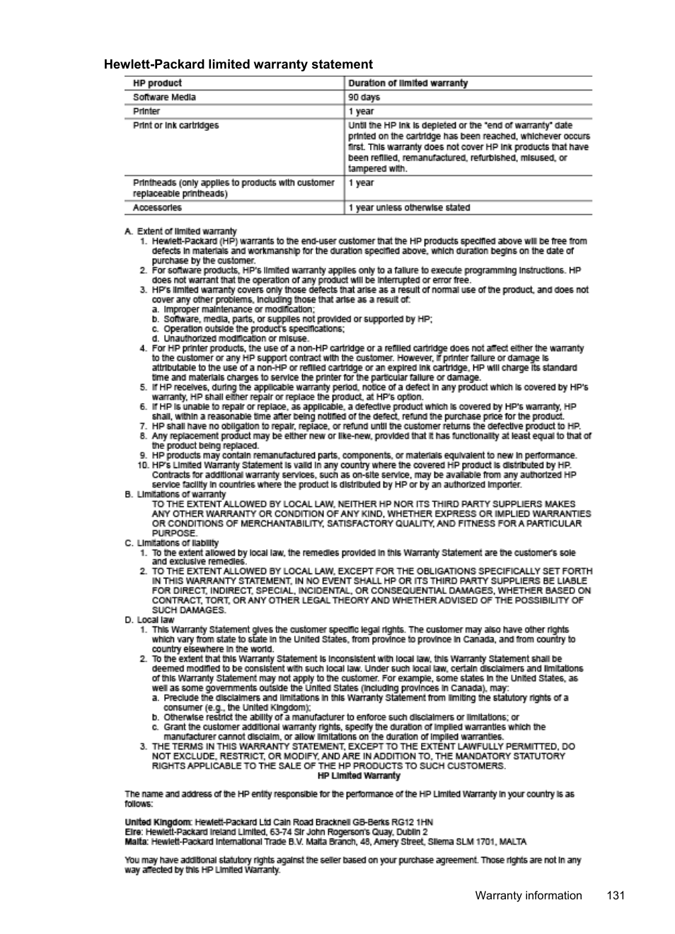 Hewlett-packard limited warranty statement | HP Officejet 6600 e-All-in-One Printer - H711a H711g User Manual | Page 135 / 216