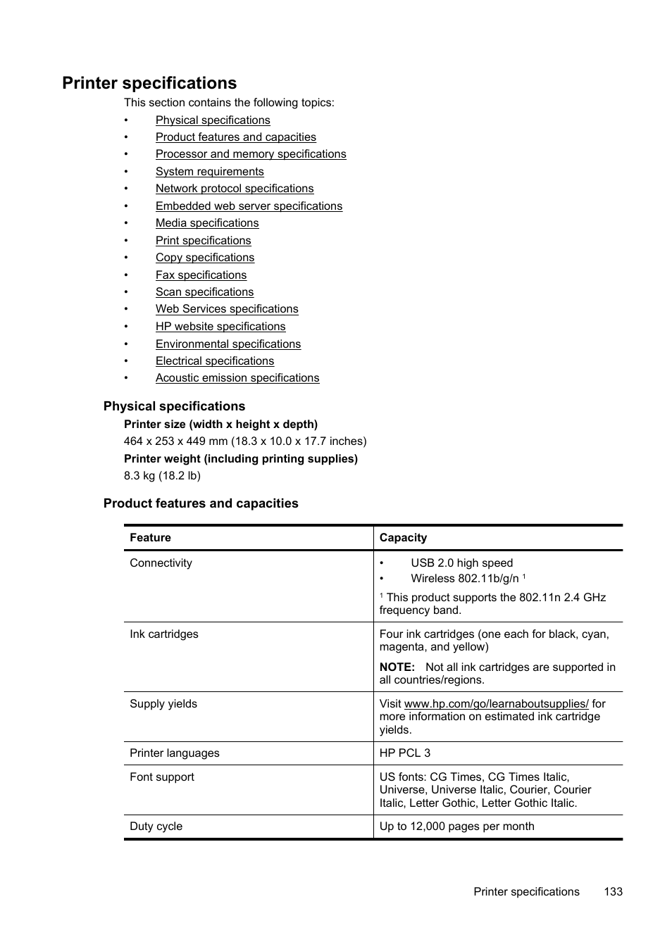 Printer specifications, Physical specifications, Product features and capacities | Print specifications copy specifications, Hp eprint printer apps | HP Officejet 6600 e-All-in-One Printer - H711a H711g User Manual | Page 137 / 216