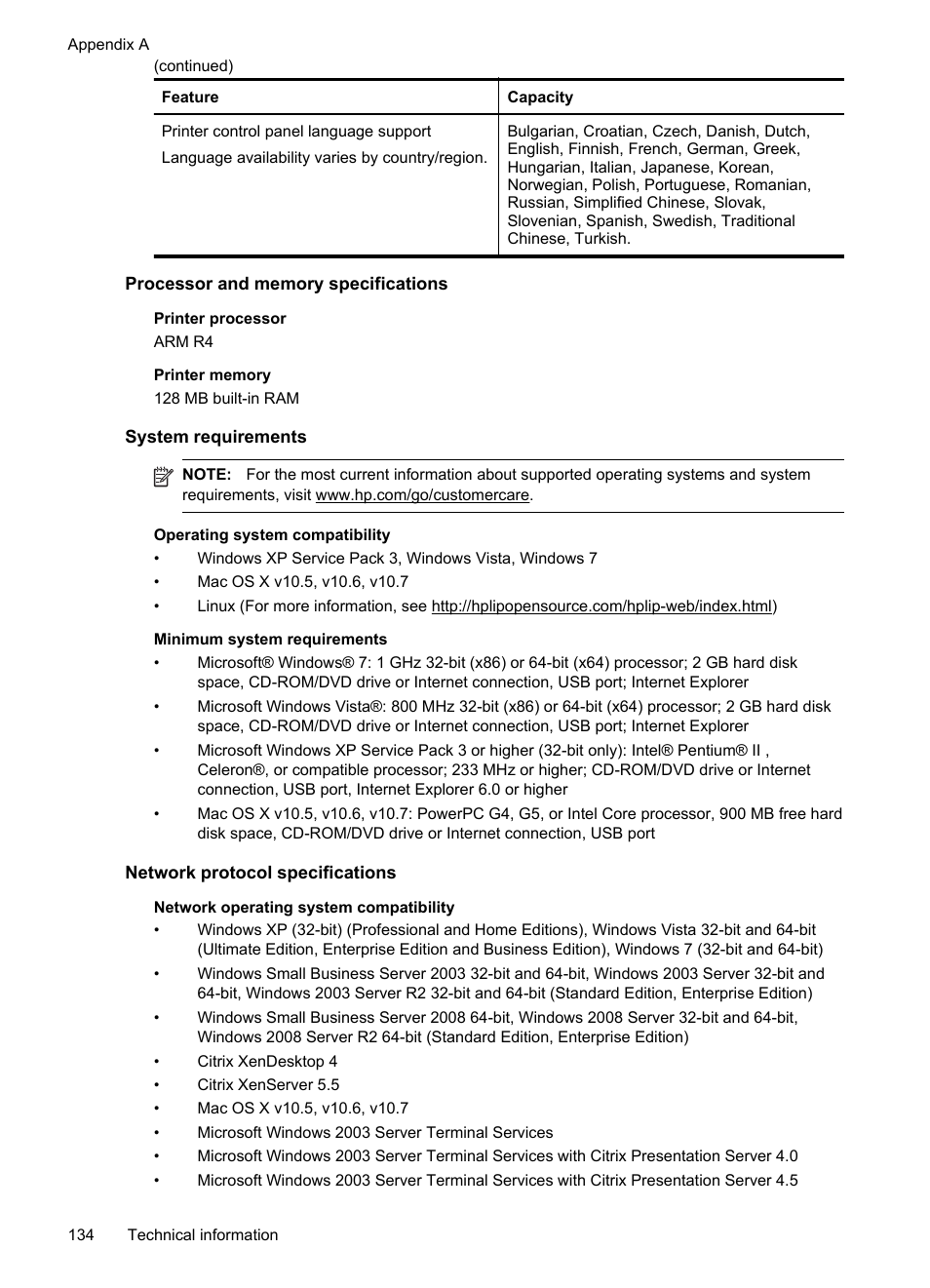 Processor and memory specifications, System requirements, Network protocol specifications | HP Officejet 6600 e-All-in-One Printer - H711a H711g User Manual | Page 138 / 216