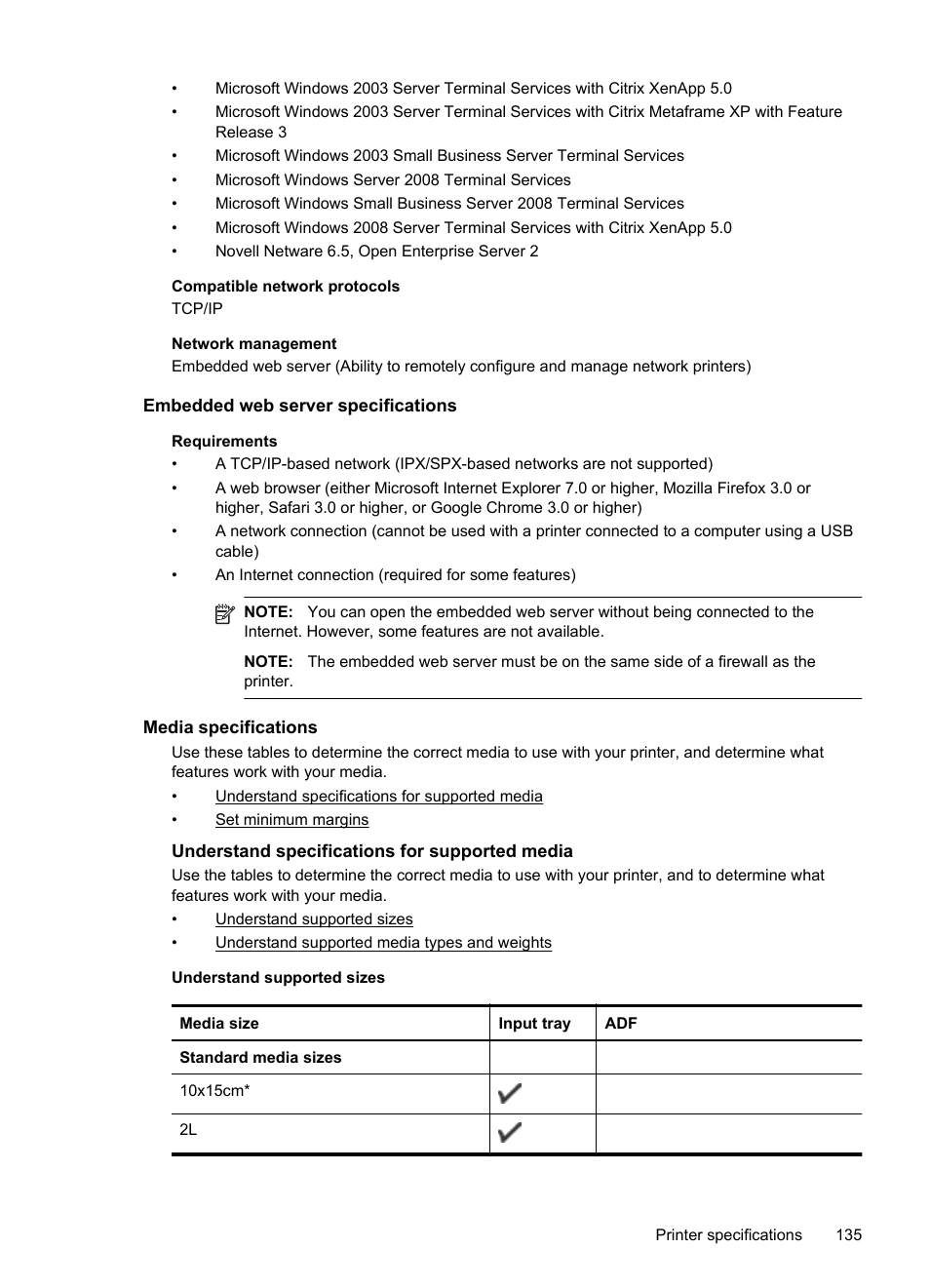Embedded web server specifications, Media specifications, Understand specifications for supported media | E media specifications, See media specifications | HP Officejet 6600 e-All-in-One Printer - H711a H711g User Manual | Page 139 / 216