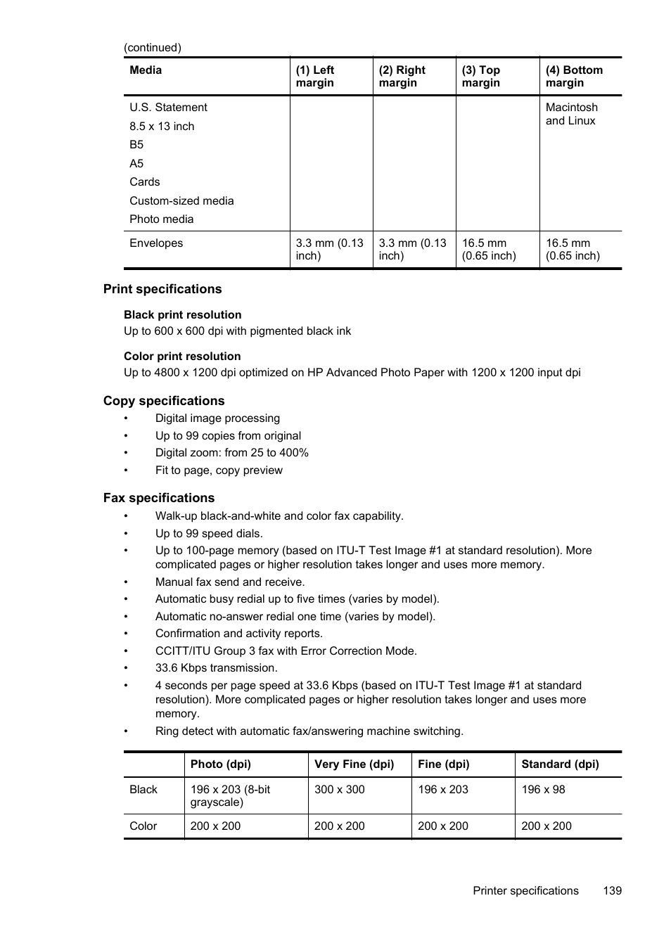 Print specifications, Copy specifications, Fax specifications | HP Officejet 6600 e-All-in-One Printer - H711a H711g User Manual | Page 143 / 216