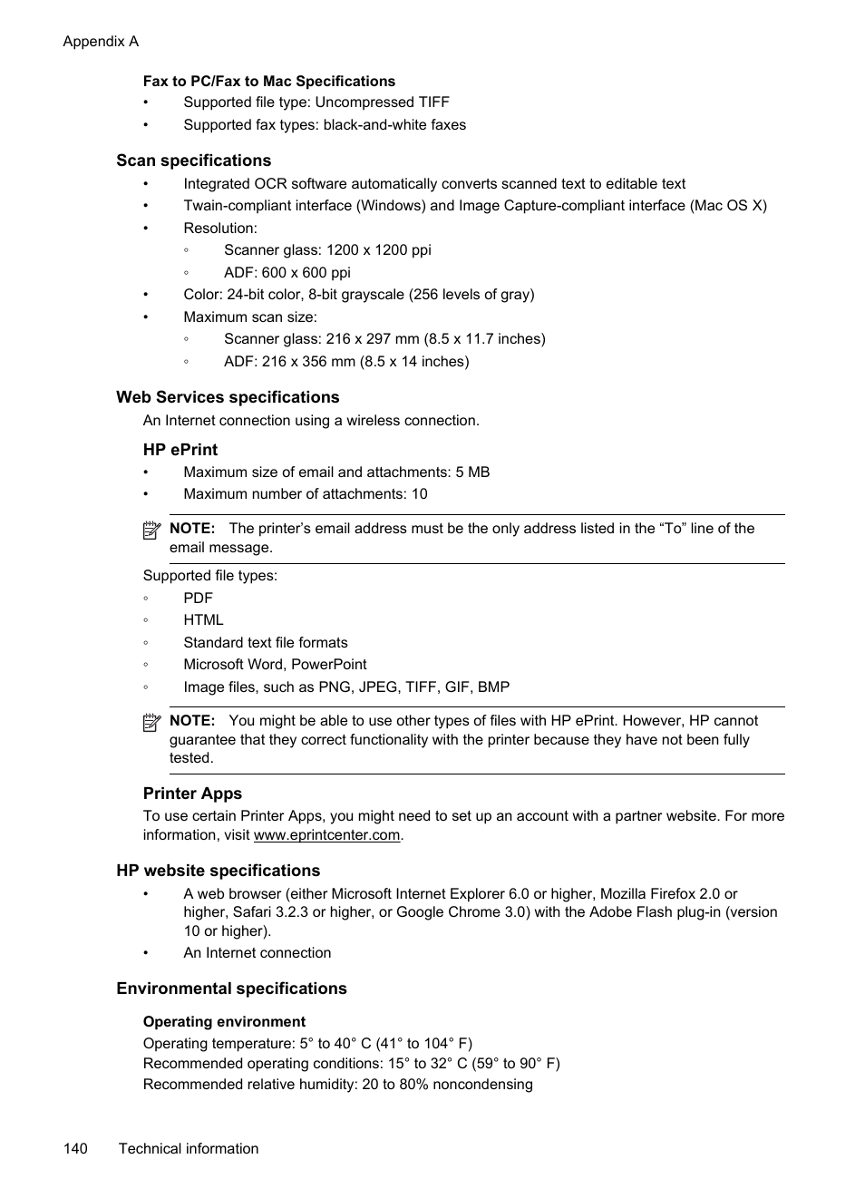 Scan specifications, Web services specifications, Hp eprint | Printer apps, Hp website specifications, Environmental specifications, See web services specifications | HP Officejet 6600 e-All-in-One Printer - H711a H711g User Manual | Page 144 / 216