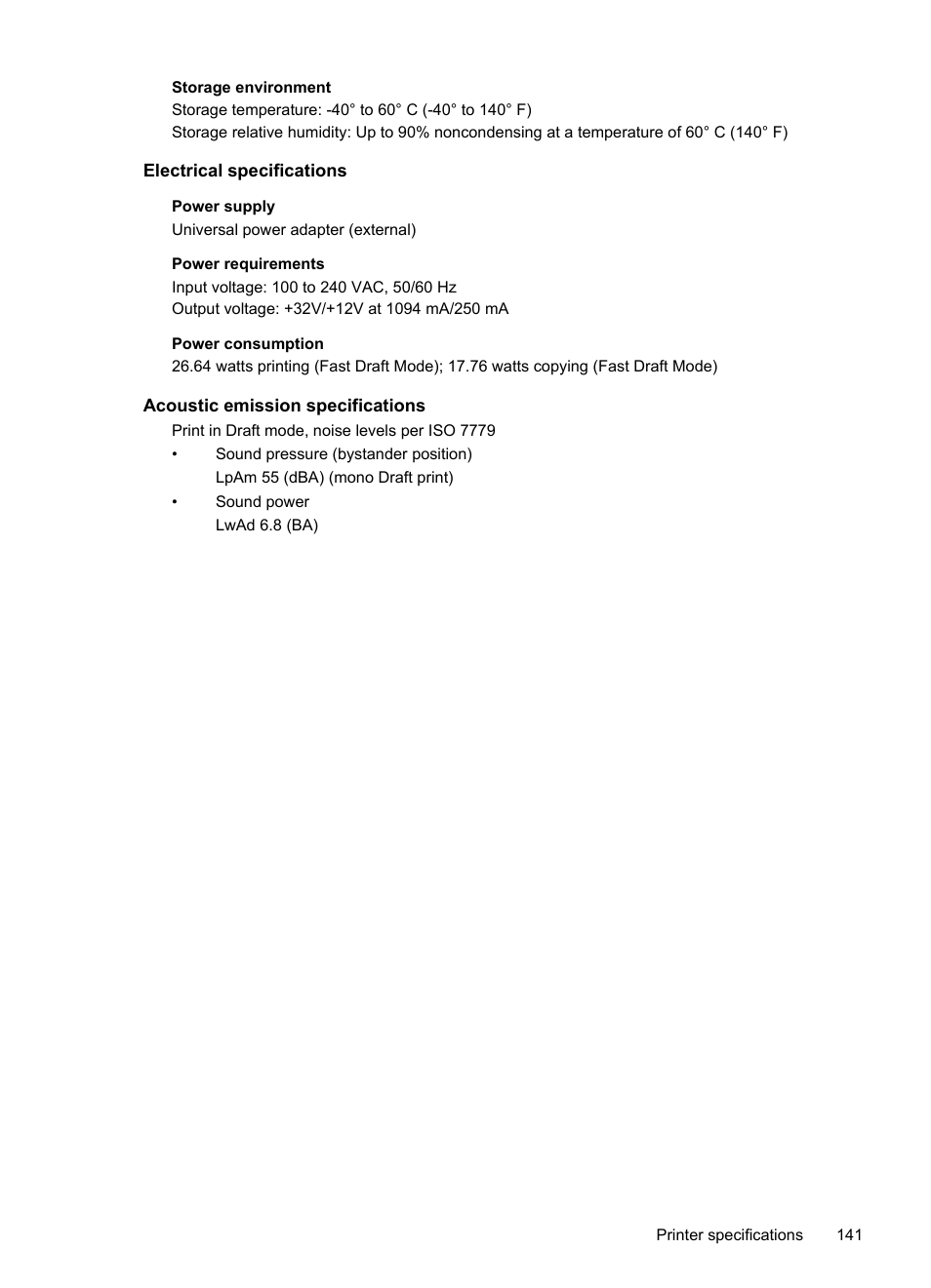 Electrical specifications, Acoustic emission specifications | HP Officejet 6600 e-All-in-One Printer - H711a H711g User Manual | Page 145 / 216