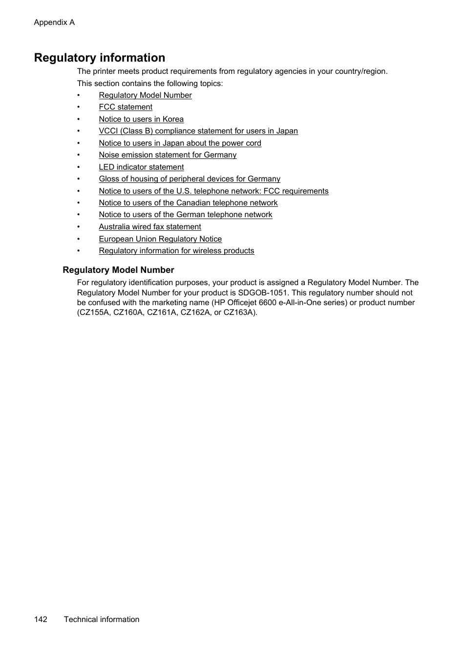 Regulatory information, Regulatory model number, Regulatory information for wireless products | HP Officejet 6600 e-All-in-One Printer - H711a H711g User Manual | Page 146 / 216