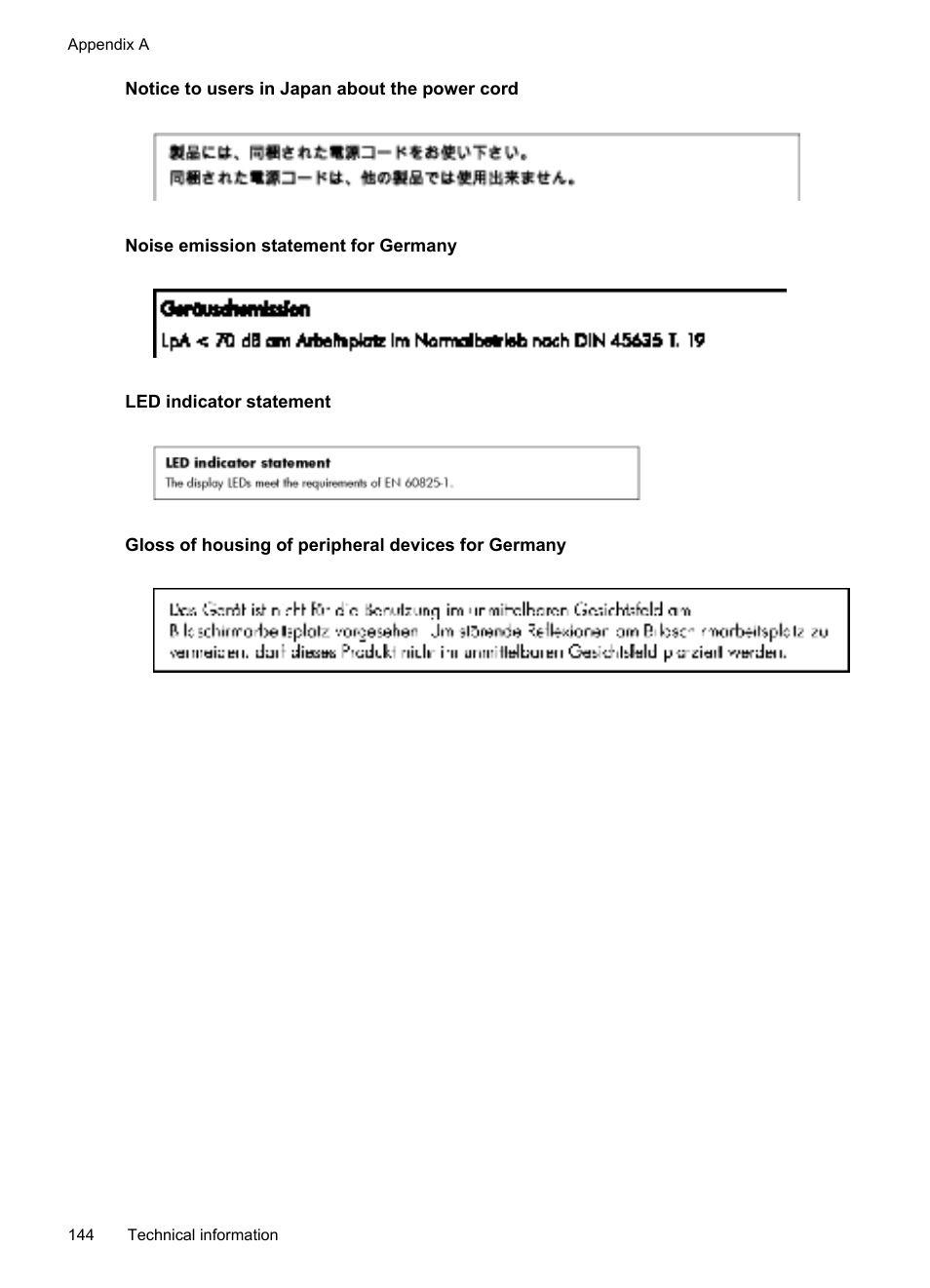 Notice to users in japan about the power cord, Noise emission statement for germany, Led indicator statement | Gloss of housing of peripheral devices for germany | HP Officejet 6600 e-All-in-One Printer - H711a H711g User Manual | Page 148 / 216
