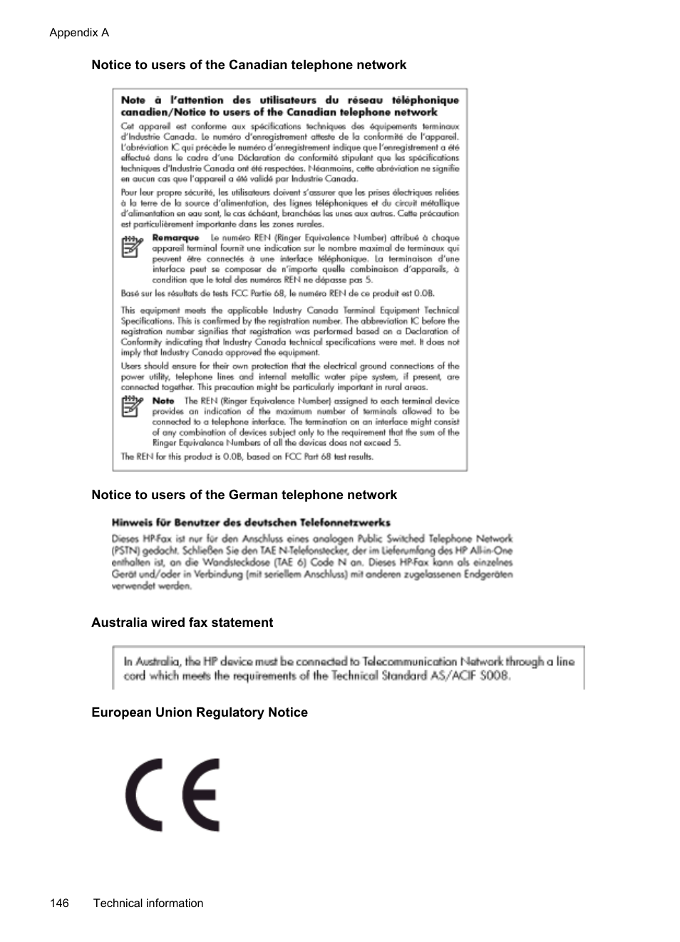 Notice to users of the canadian telephone network, Notice to users of the german telephone network, Australia wired fax statement | European union regulatory notice | HP Officejet 6600 e-All-in-One Printer - H711a H711g User Manual | Page 150 / 216