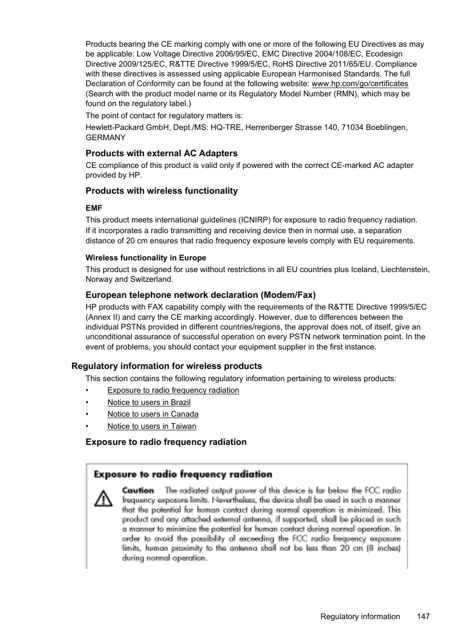 Products with external ac adapters, Products with wireless functionality, European telephone network declaration (modem/fax) | Regulatory information for wireless products, Exposure to radio frequency radiation | HP Officejet 6600 e-All-in-One Printer - H711a H711g User Manual | Page 151 / 216