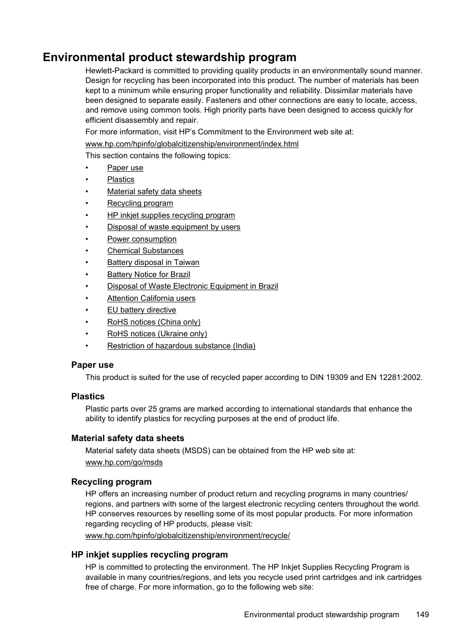 Environmental product stewardship program, Paper use, Plastics | Material safety data sheets, Recycling program, Hp inkjet supplies recycling program | HP Officejet 6600 e-All-in-One Printer - H711a H711g User Manual | Page 153 / 216