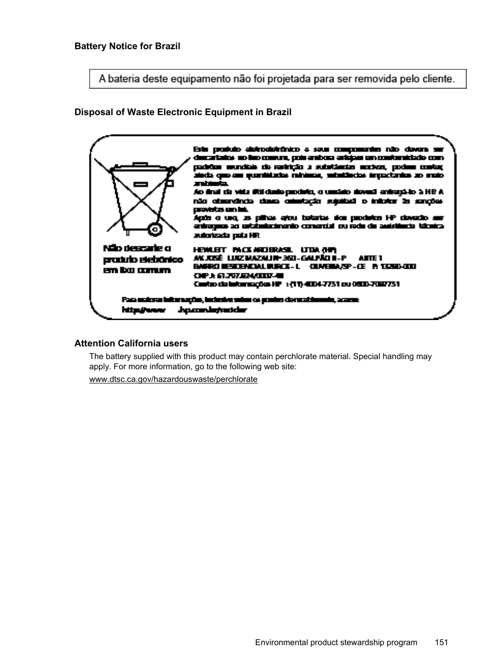 Battery notice for brazil, Disposal of waste electronic equipment in brazil, Attention california users | HP Officejet 6600 e-All-in-One Printer - H711a H711g User Manual | Page 155 / 216