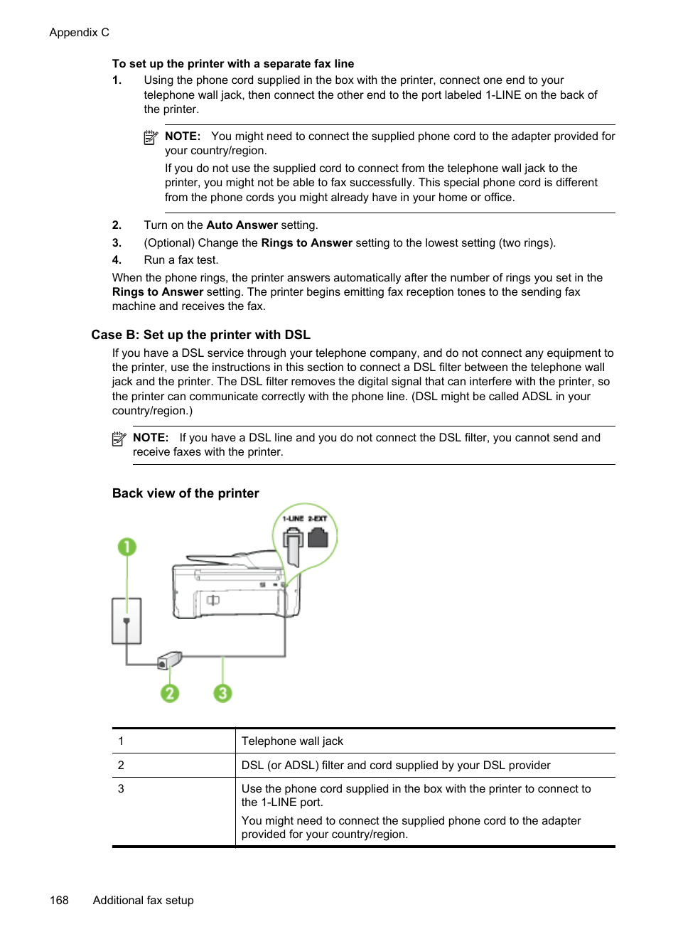 Case b: set up the printer with dsl | HP Officejet 6600 e-All-in-One Printer - H711a H711g User Manual | Page 172 / 216