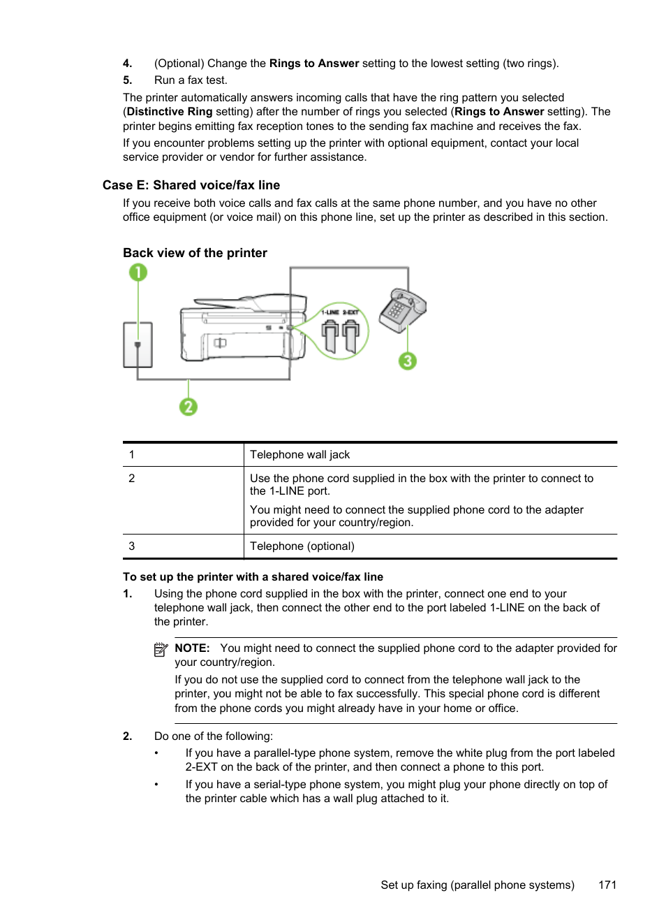 Case e: shared voice/fax line | HP Officejet 6600 e-All-in-One Printer - H711a H711g User Manual | Page 175 / 216