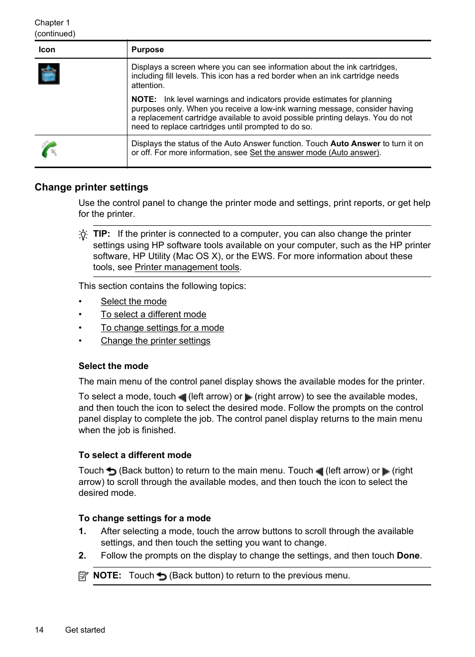 Change printer settings, Select the mode, To select a different mode | To change settings for a mode | HP Officejet 6600 e-All-in-One Printer - H711a H711g User Manual | Page 18 / 216