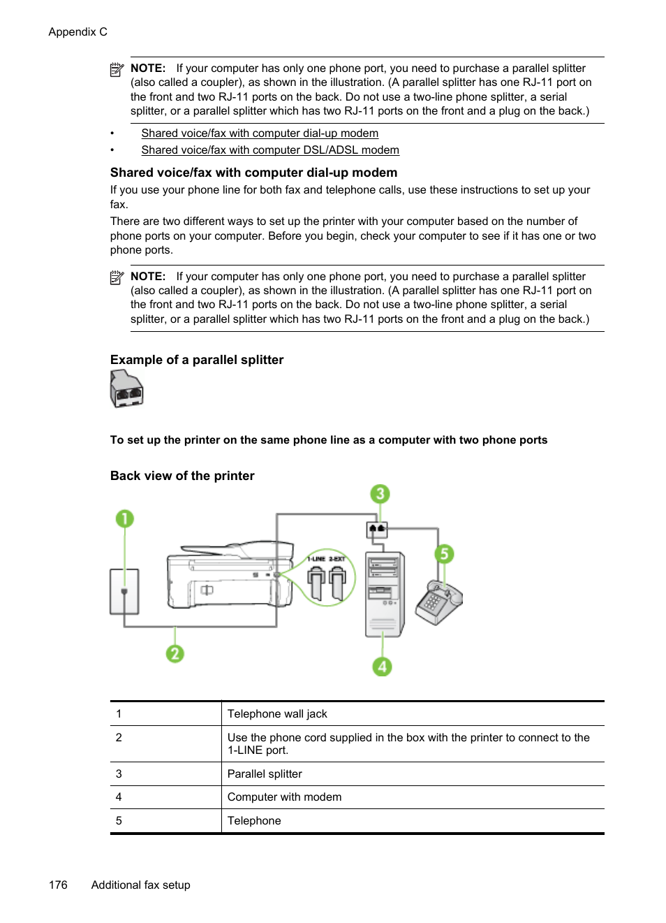 Shared voice/fax with computer dial-up modem | HP Officejet 6600 e-All-in-One Printer - H711a H711g User Manual | Page 180 / 216