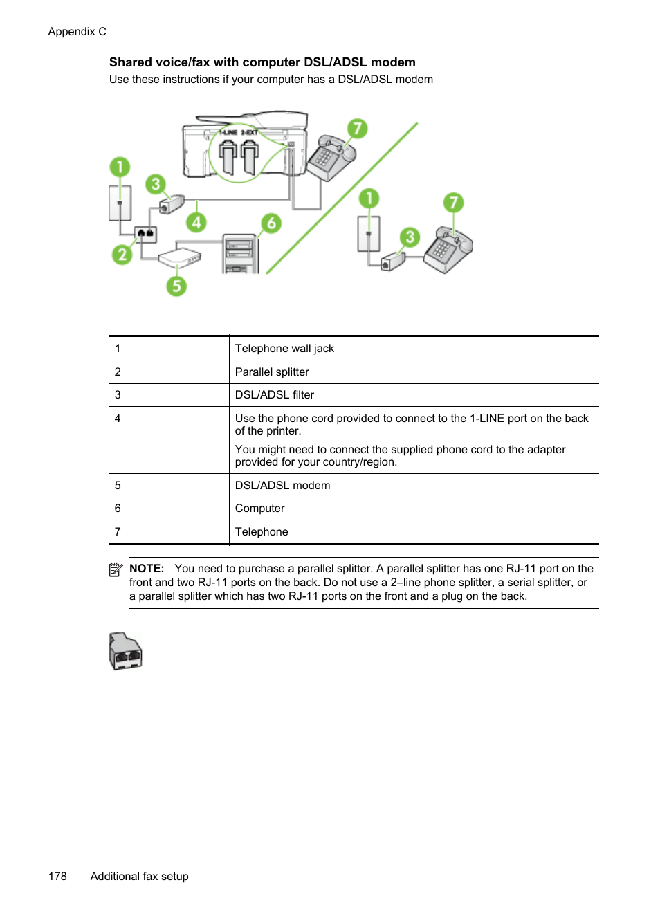 Shared voice/fax with computer dsl/adsl modem | HP Officejet 6600 e-All-in-One Printer - H711a H711g User Manual | Page 182 / 216