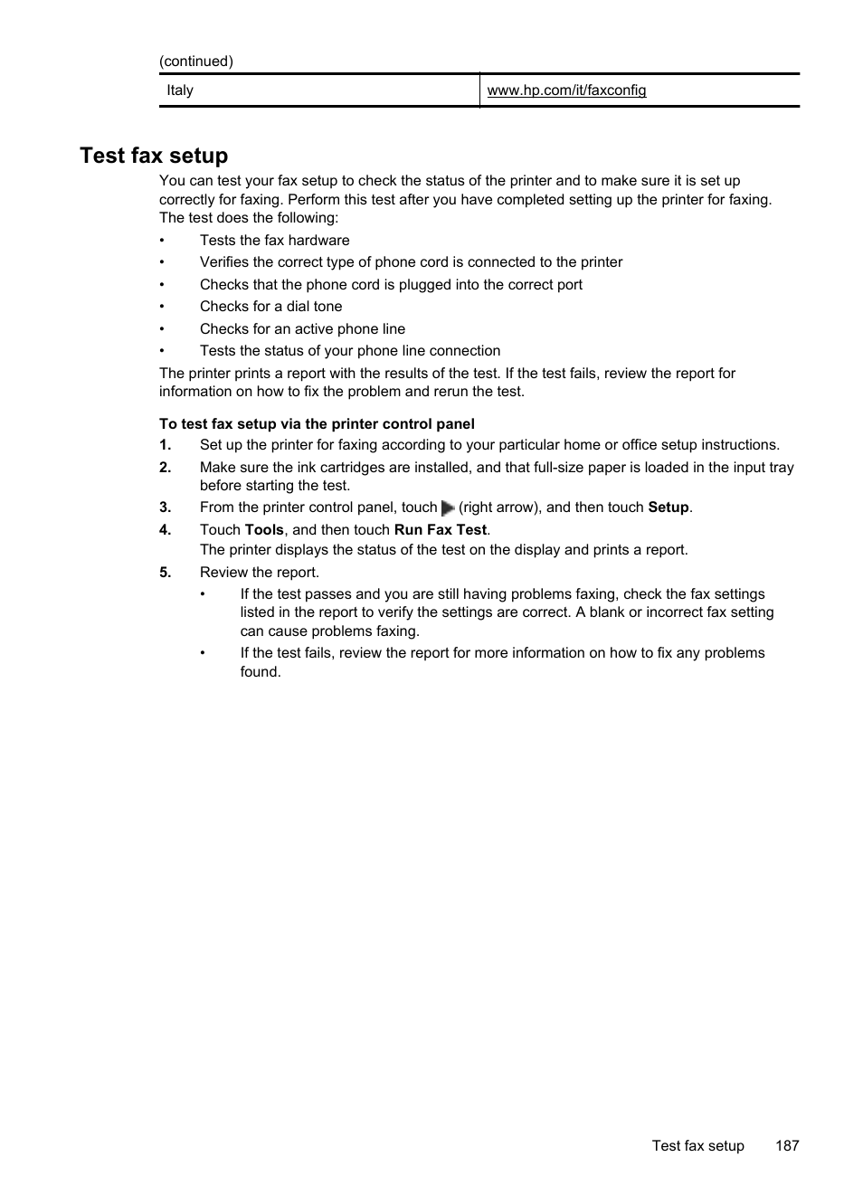 Test fax setup, E test fax setup | HP Officejet 6600 e-All-in-One Printer - H711a H711g User Manual | Page 191 / 216