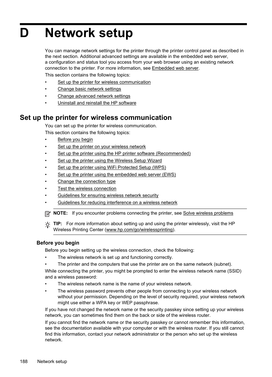 Network setup, Set up the printer for wireless communication, Before you begin | Dnetwork setup | HP Officejet 6600 e-All-in-One Printer - H711a H711g User Manual | Page 192 / 216