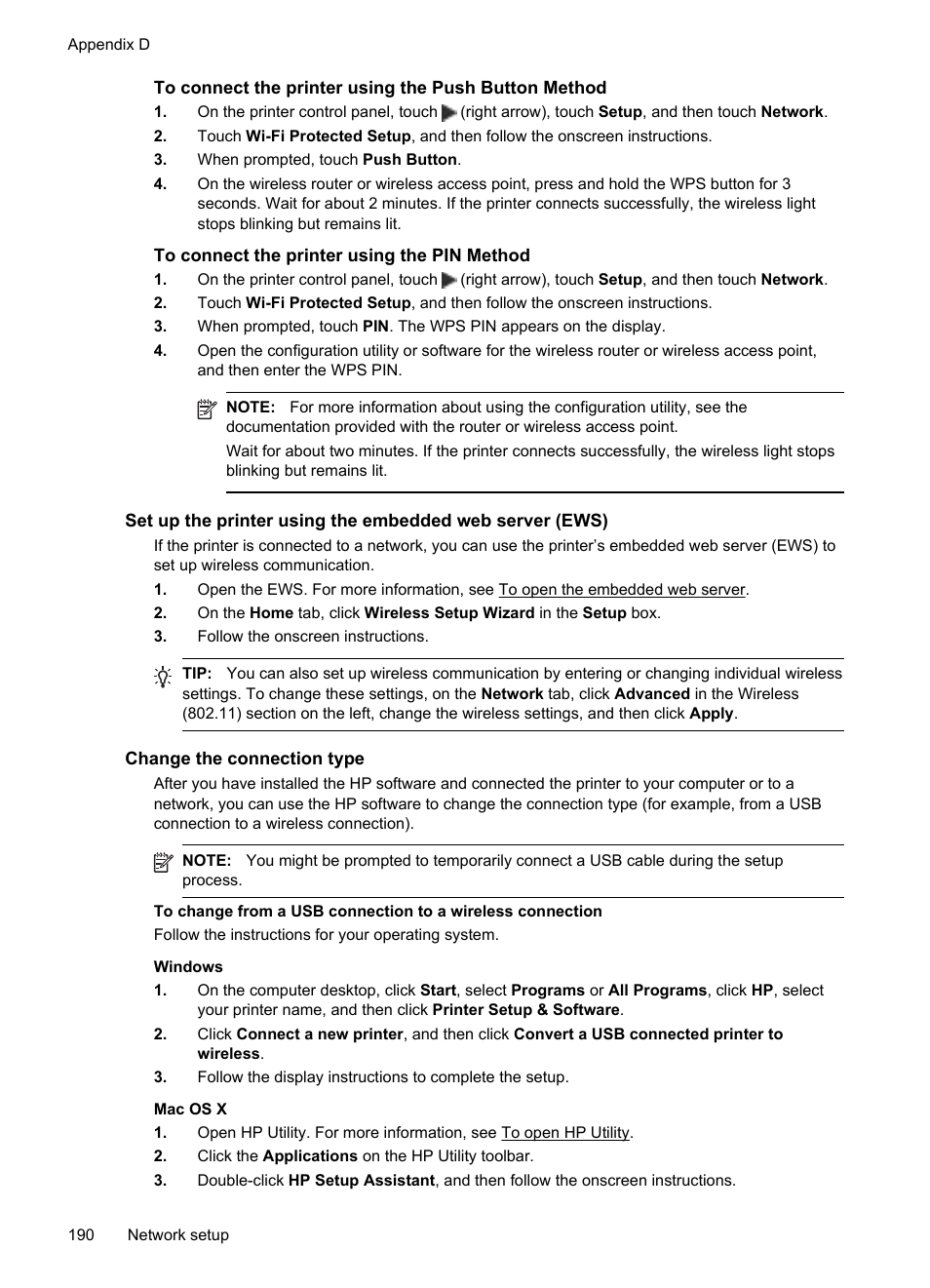 To connect the printer using the pin method, Change the connection type | HP Officejet 6600 e-All-in-One Printer - H711a H711g User Manual | Page 194 / 216