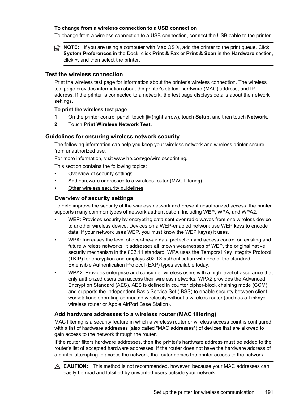 Test the wireless connection, Guidelines for ensuring wireless network security, Overview of security settings | HP Officejet 6600 e-All-in-One Printer - H711a H711g User Manual | Page 195 / 216