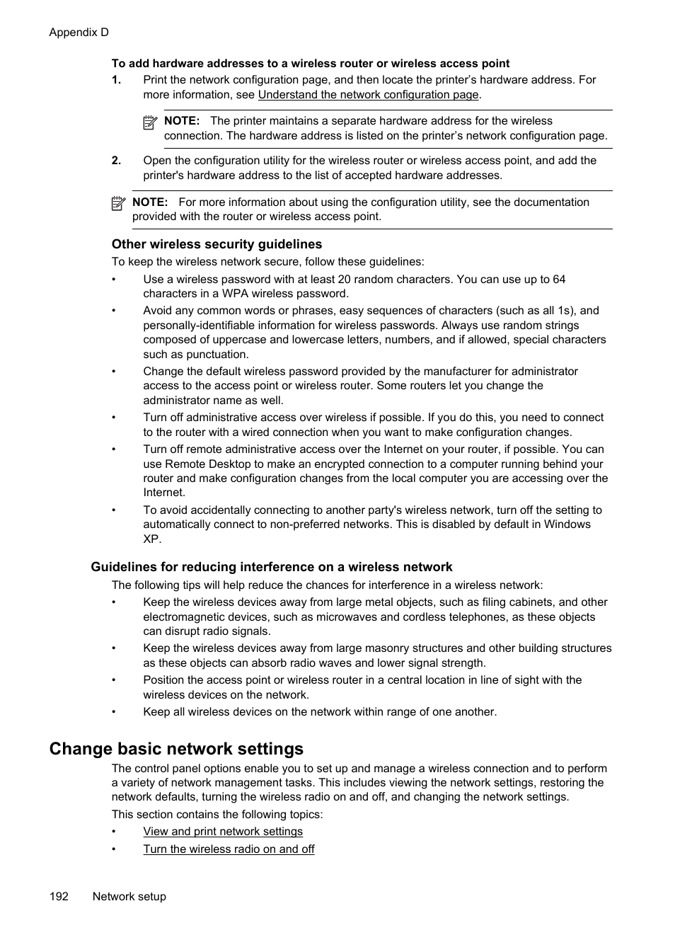 Other wireless security guidelines, Change basic network settings, View and print network settings | Urn the wireless radio on and off | HP Officejet 6600 e-All-in-One Printer - H711a H711g User Manual | Page 196 / 216