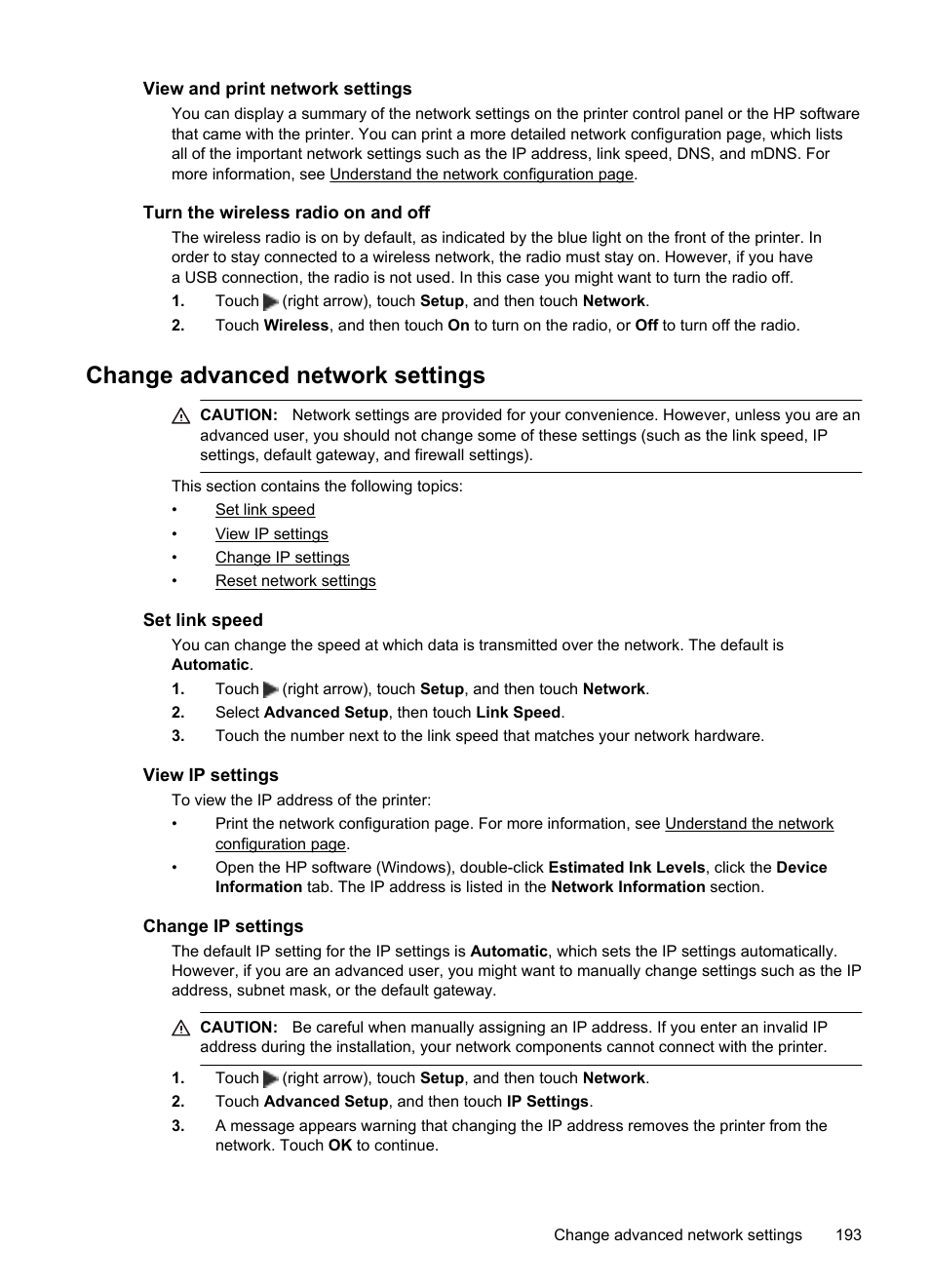 View and print network settings, Turn the wireless radio on and off, Change advanced network settings | Set link speed, View ip settings, Change ip settings | HP Officejet 6600 e-All-in-One Printer - H711a H711g User Manual | Page 197 / 216