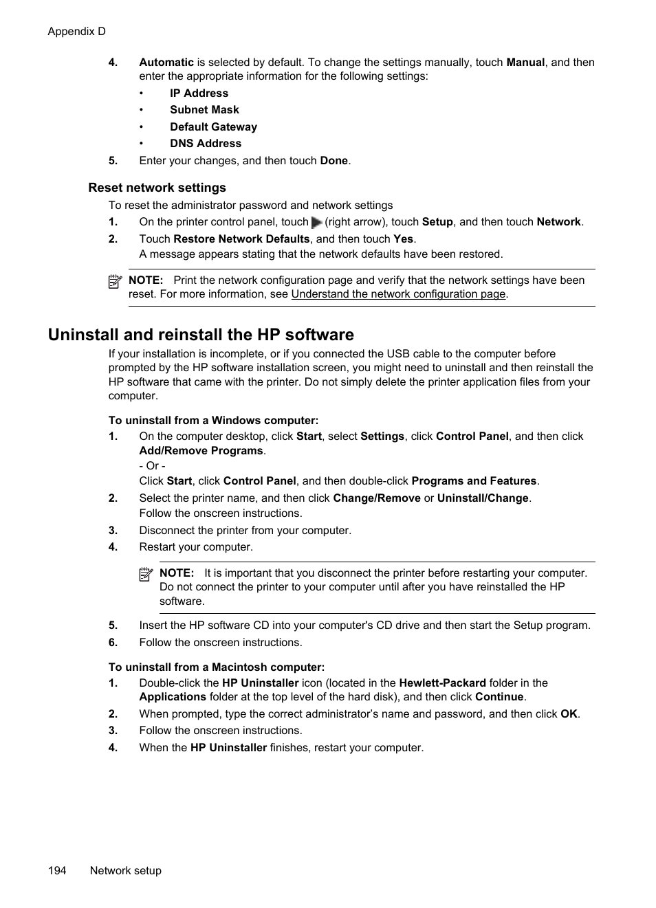 Reset network settings, Uninstall and reinstall the hp software | HP Officejet 6600 e-All-in-One Printer - H711a H711g User Manual | Page 198 / 216