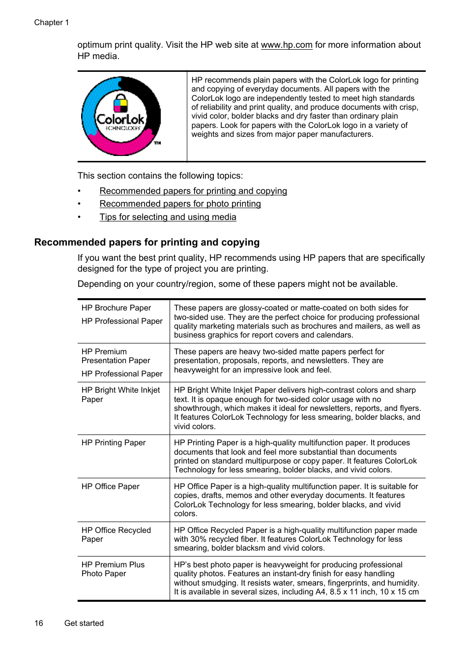 Recommended papers for printing and copying | HP Officejet 6600 e-All-in-One Printer - H711a H711g User Manual | Page 20 / 216