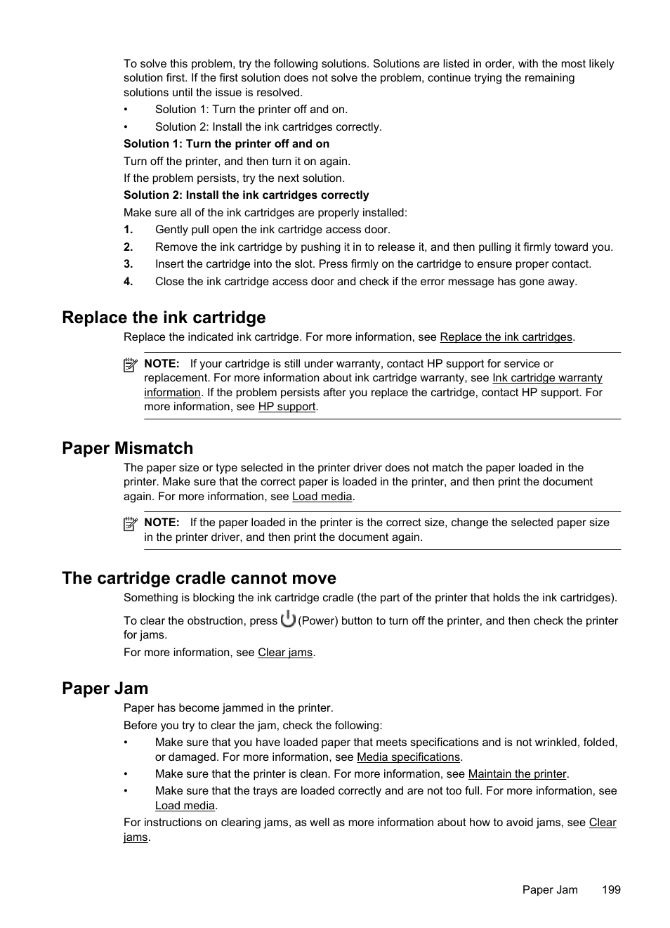 Replace the ink cartridge, Paper mismatch, The cartridge cradle cannot move | Paper jam | HP Officejet 6600 e-All-in-One Printer - H711a H711g User Manual | Page 203 / 216