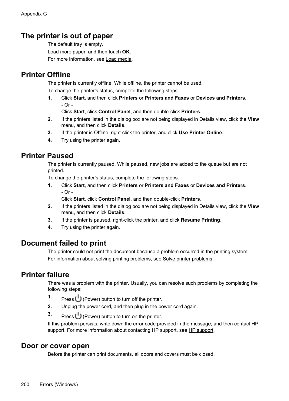 The printer is out of paper, Printer offline, Printer paused | Document failed to print, Printer failure, Door or cover open | HP Officejet 6600 e-All-in-One Printer - H711a H711g User Manual | Page 204 / 216