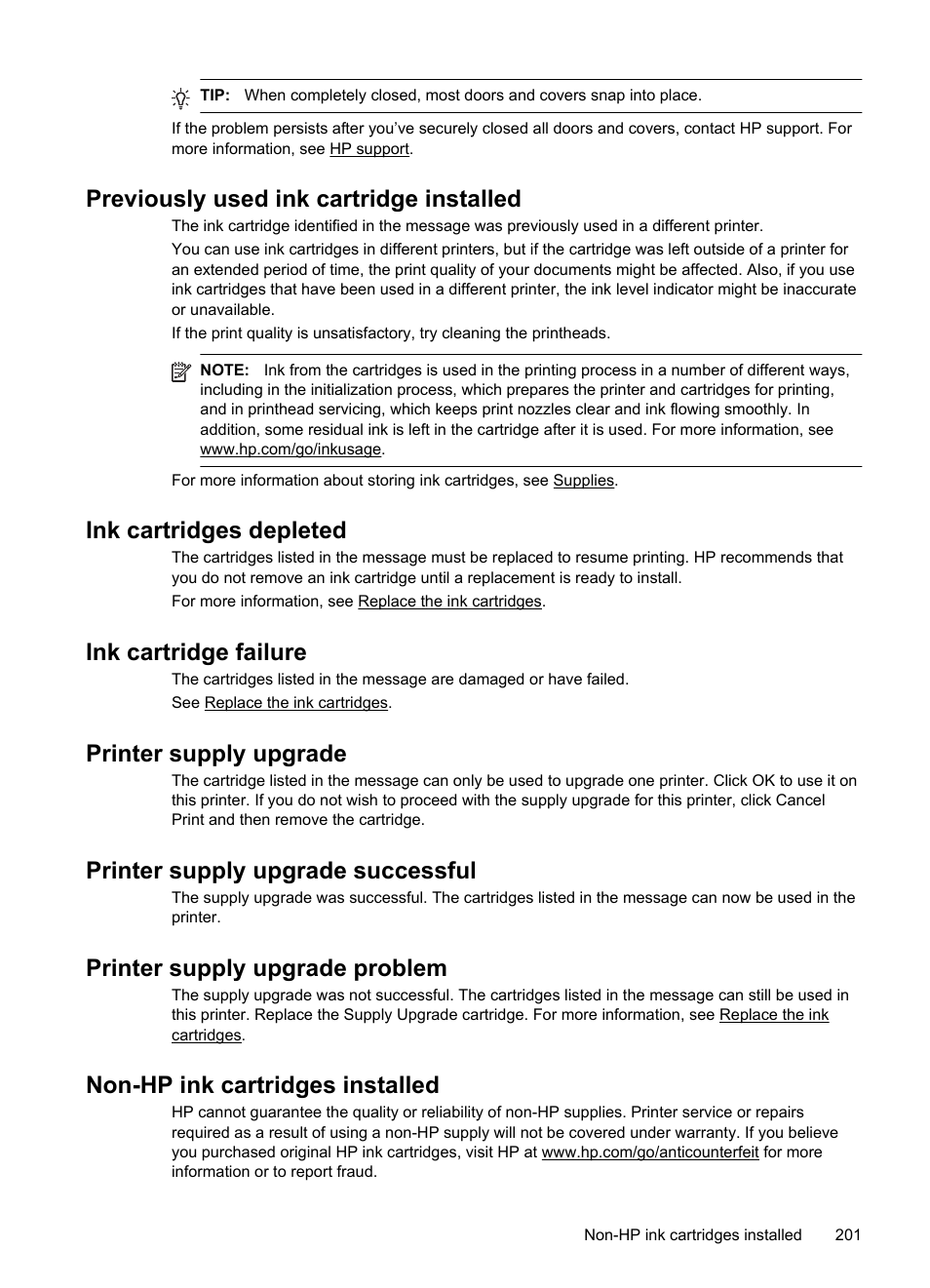 Previously used ink cartridge installed, Ink cartridges depleted, Ink cartridge failure | Printer supply upgrade, Printer supply upgrade successful, Printer supply upgrade problem, Non-hp ink cartridges installed | HP Officejet 6600 e-All-in-One Printer - H711a H711g User Manual | Page 205 / 216