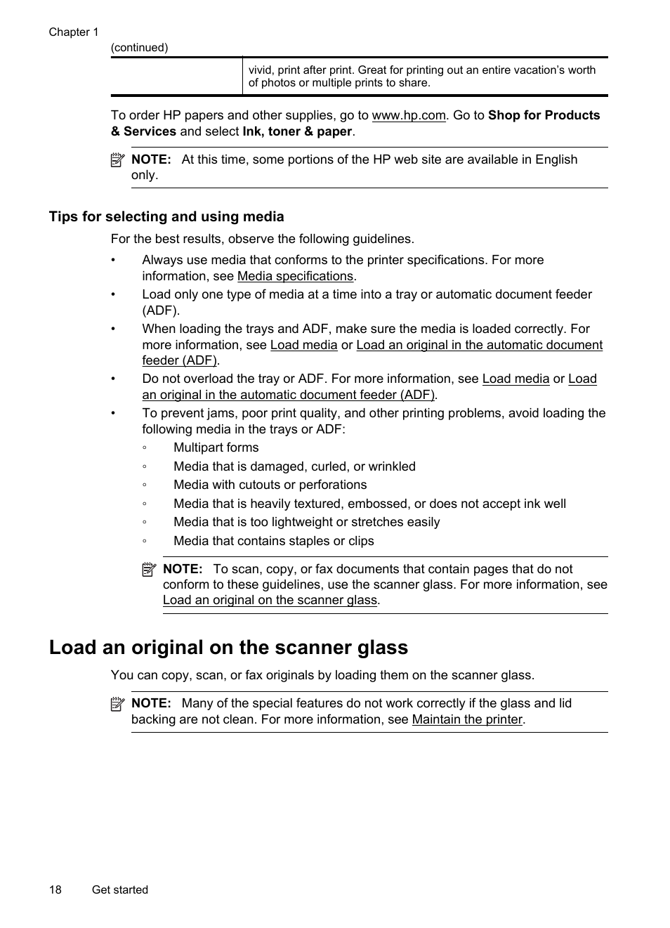 Tips for selecting and using media, Load an original on the scanner glass | HP Officejet 6600 e-All-in-One Printer - H711a H711g User Manual | Page 22 / 216