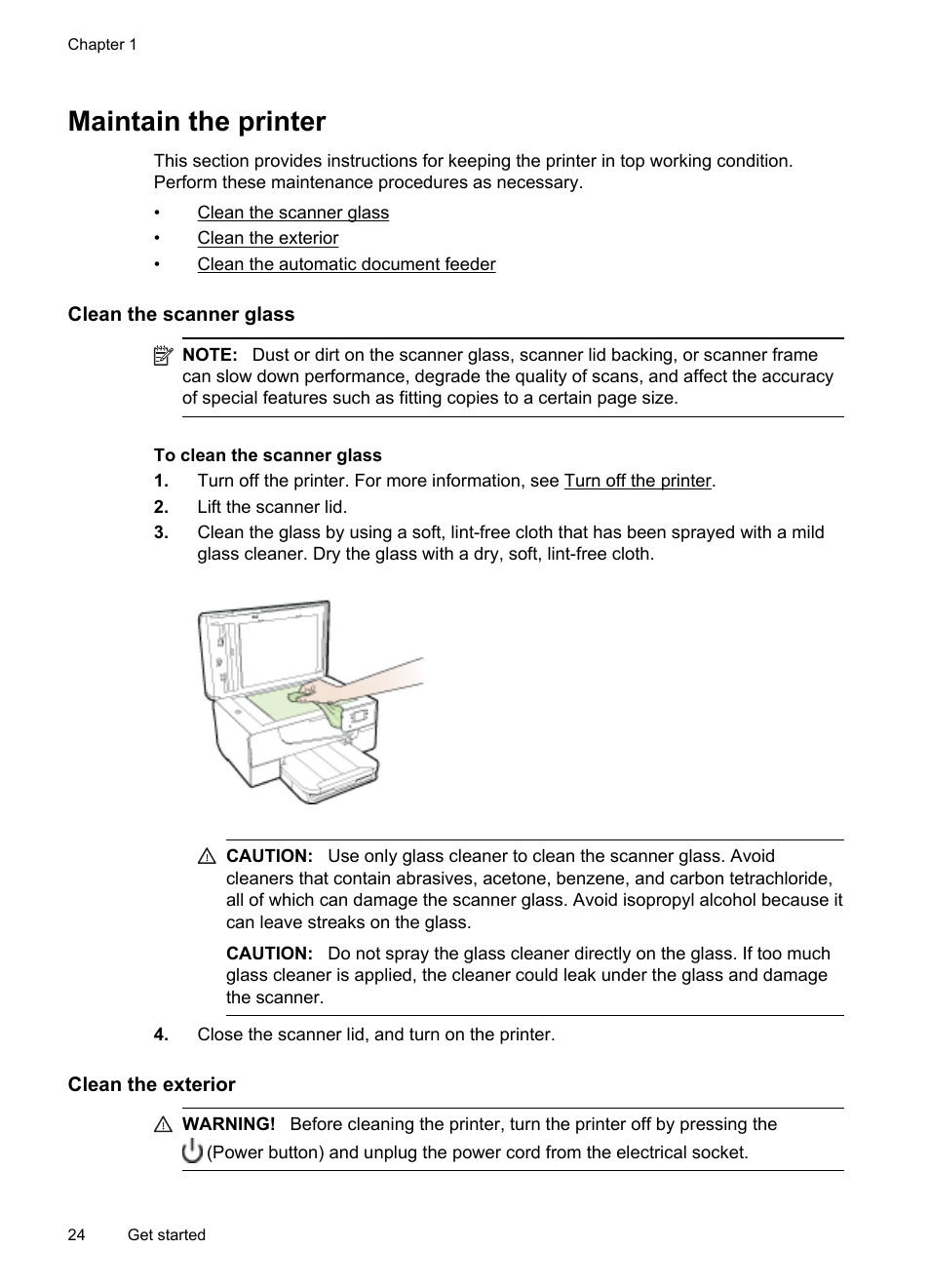 Maintain the printer, Clean the scanner glass, Clean the exterior | HP Officejet 6600 e-All-in-One Printer - H711a H711g User Manual | Page 28 / 216